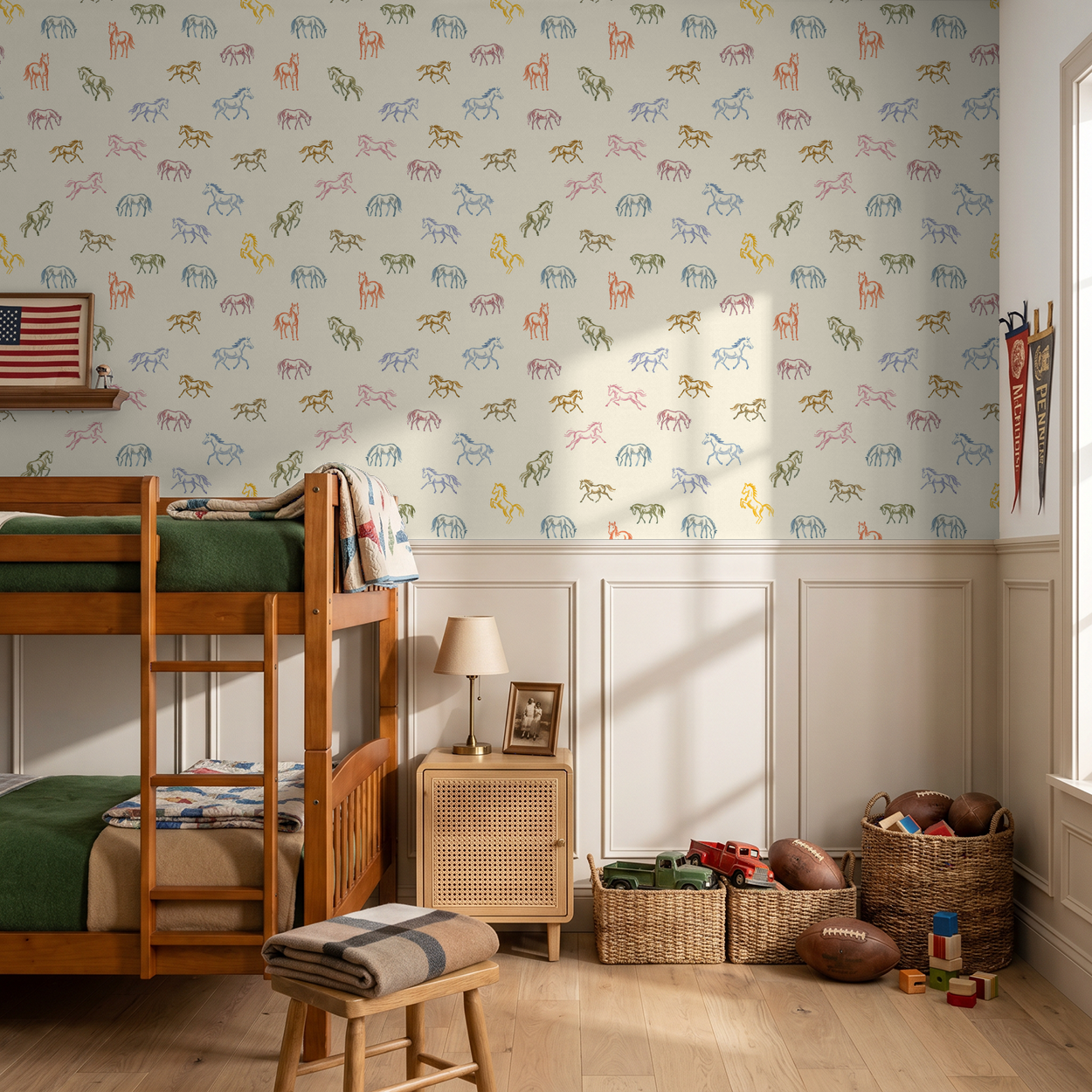 Whimsical horse pattern wallpaper in pastel colors in a cozy kid's bedroom with bunk bed.