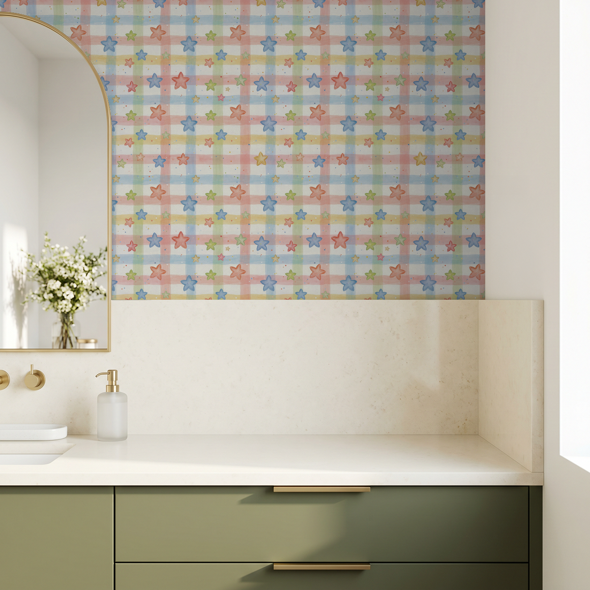 Whimsical star-patterned wallpaper with pastel plaid in modern bathroom setting.