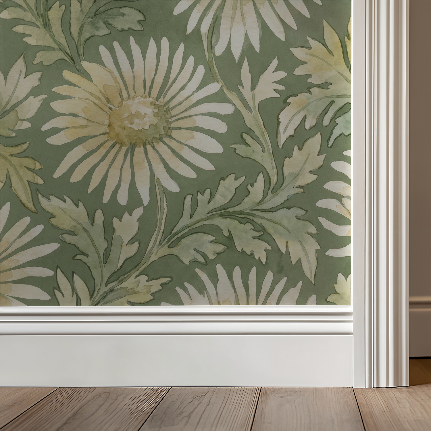 Willa wallpaper with sage leaves and creamy floral pattern in room setting.