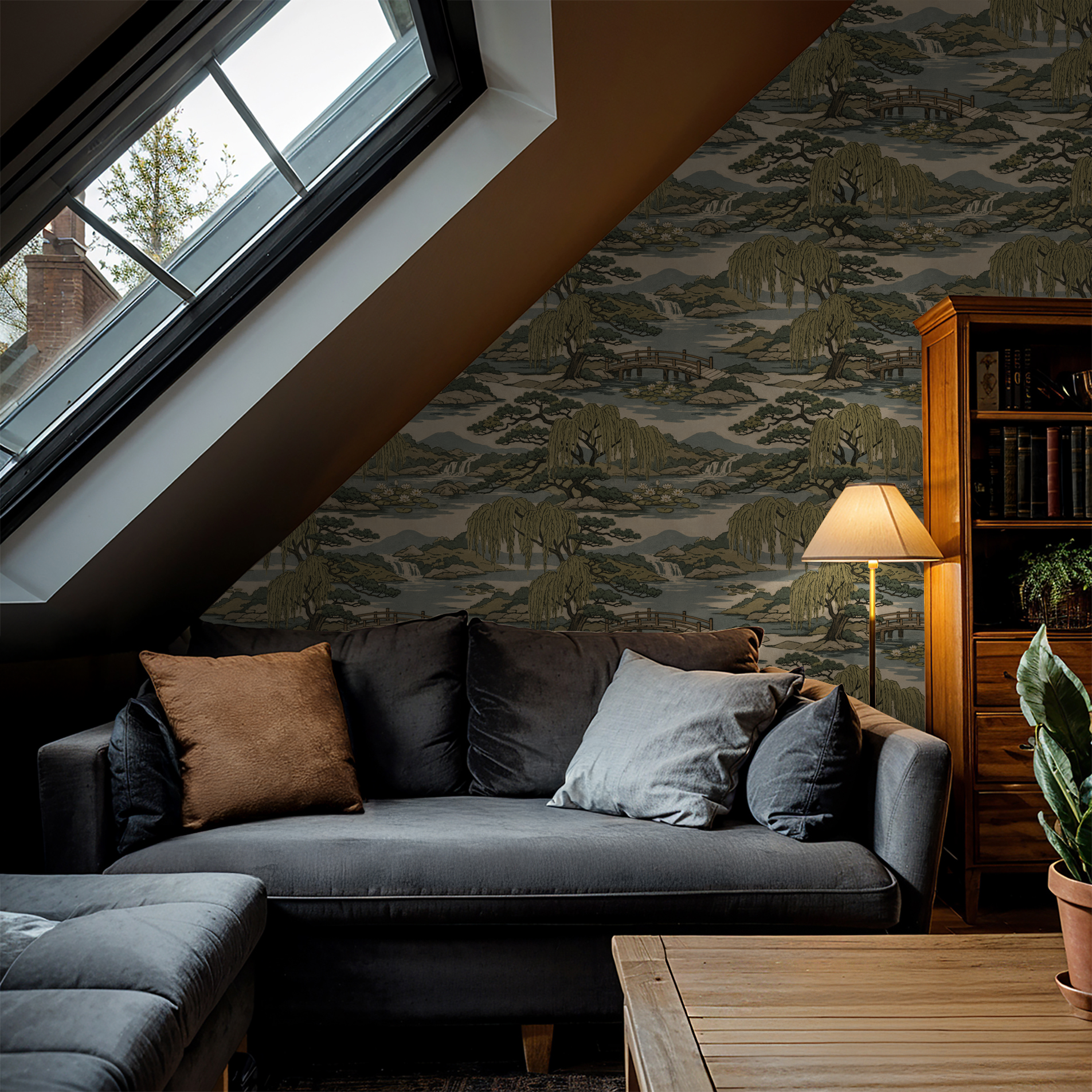 Willow Crossing wallpaper with Japanese garden pattern in attic living room.
