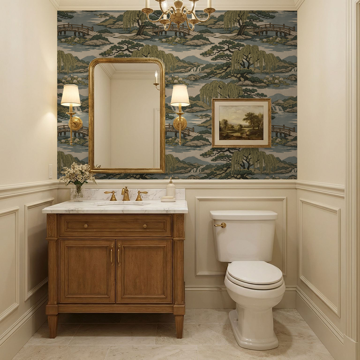Bathroom with Willow Crossing wallpaper featuring willow trees, bridge, and waterfalls in soft greens and blues.