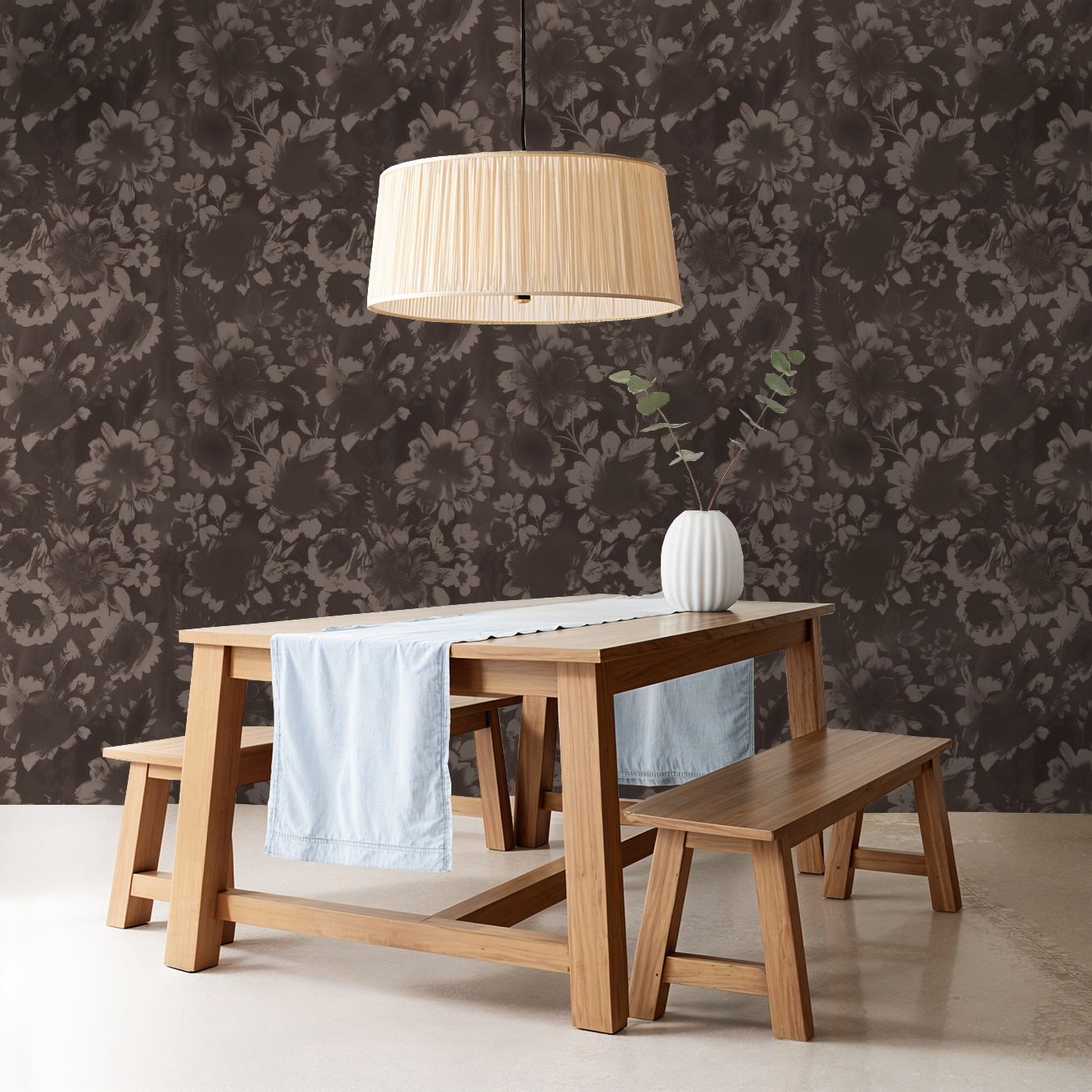 Wine floral wallpaper with moody blossoms in dining room setting.