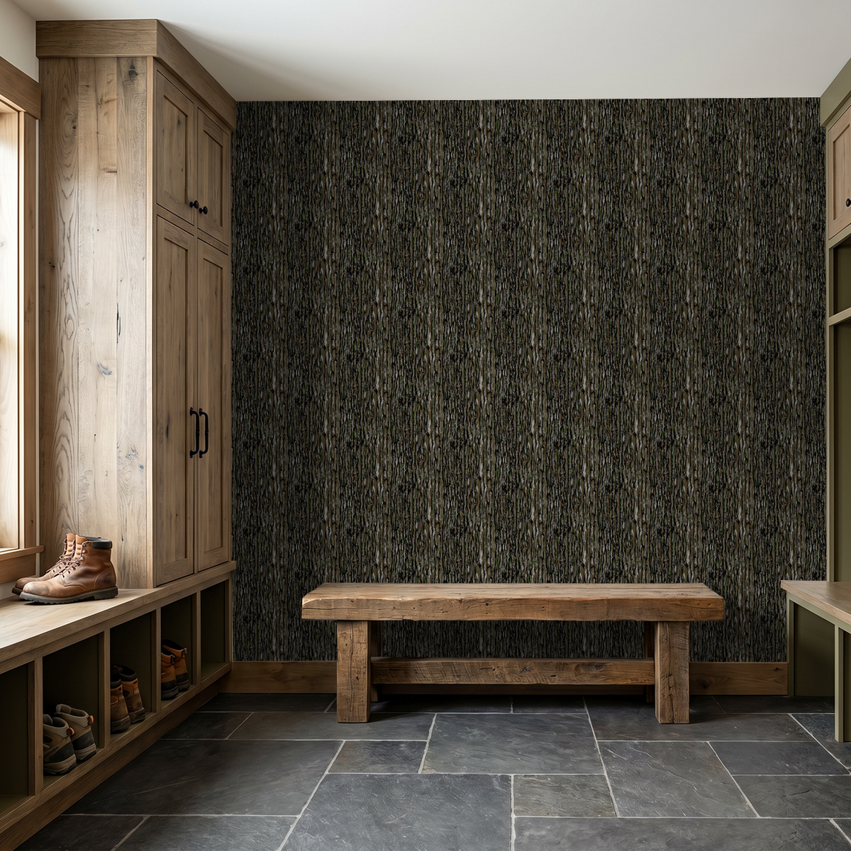 Woodland bark-pattern wallpaper in rustic mudroom with wooden bench and cabinets.