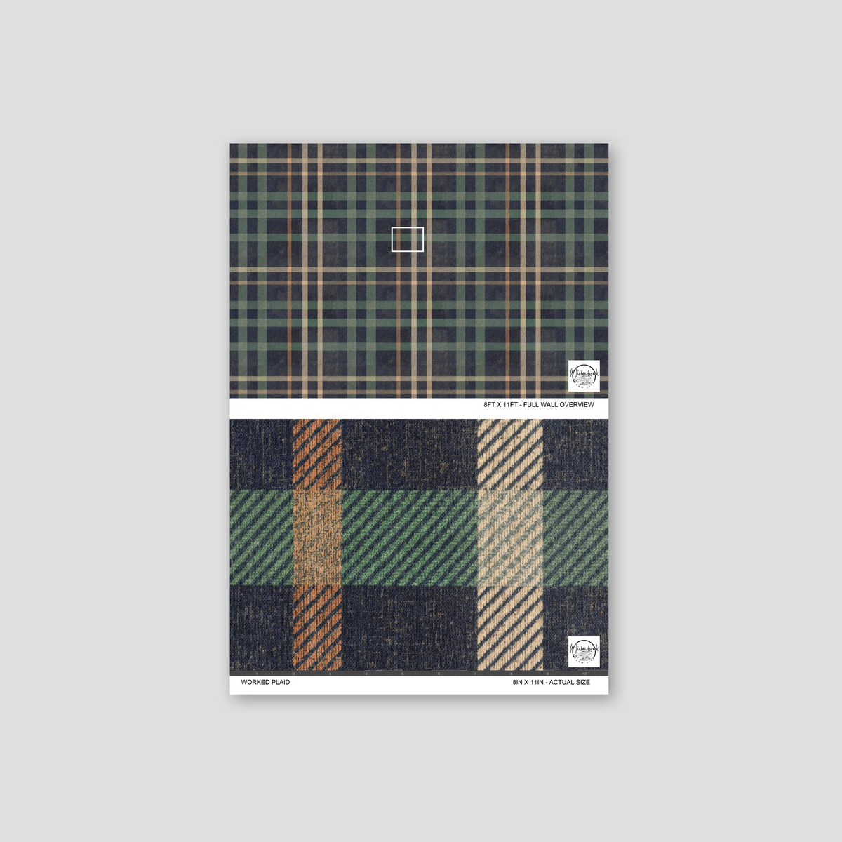 Worked Plaid wallpaper sample with navy, green, and beige plaid pattern.