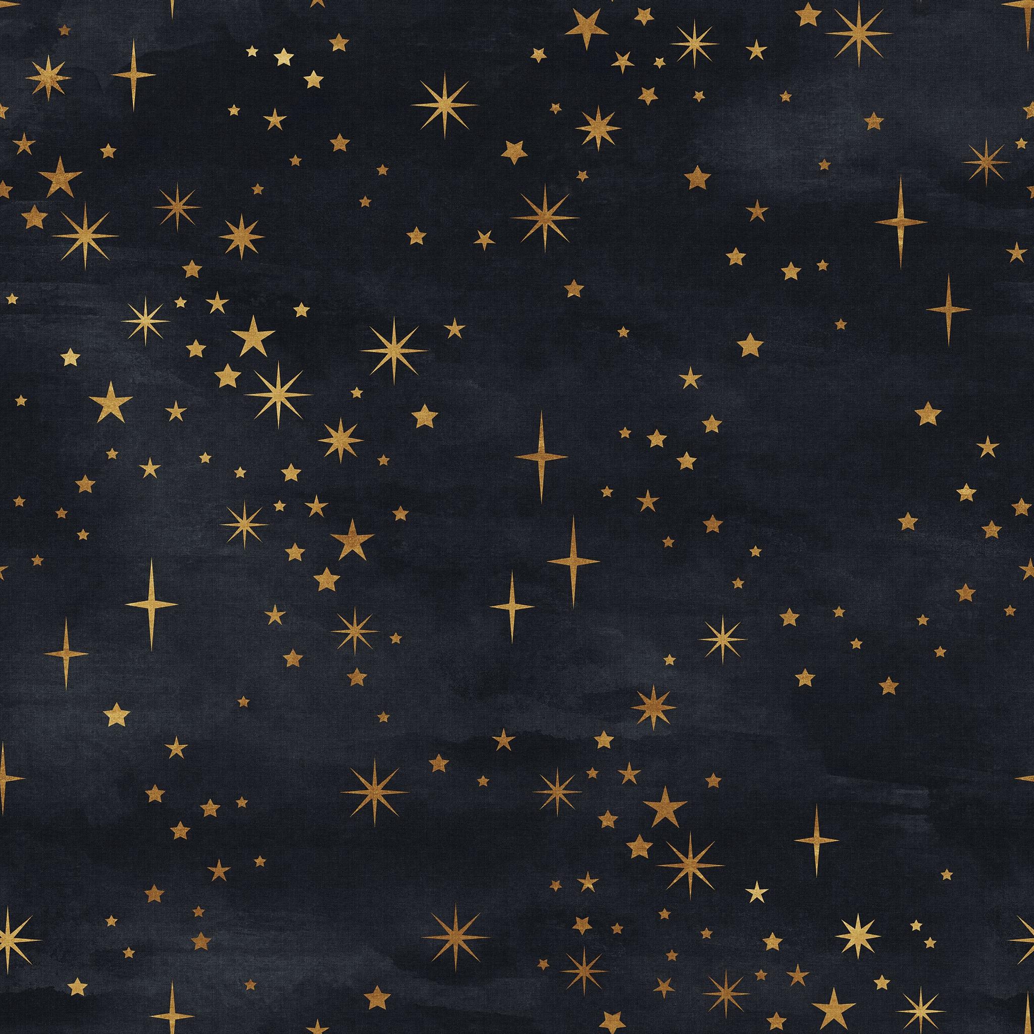 "Le Petit Wallpaper by Wall Blush with golden stars on dark backdrop for stylish modern room decor."