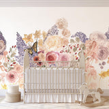 Nursery room featuring Garden Whimsy Wallpaper by The Salem Gideon Line with floral design.
