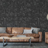 Modern living room featuring Blitz Wallpaper by Wall Blush SM01, with stylish charcoal sports-themed design.
