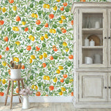 "Mediterranean Wallpaper by Wall Blush showcasing vibrant citrus design in a cozy kitchen setting, accentuating the room's ambiance."