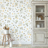 "Wall Blush's Laurel Wallpaper showcased in a cozy kitchen space, highlighting its floral and fruit design."