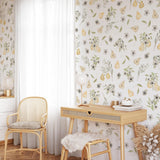 "Wall Blush's Laurel Wallpaper in a bright, cozy study room, with a focus on the elegant floral and fruit pattern."