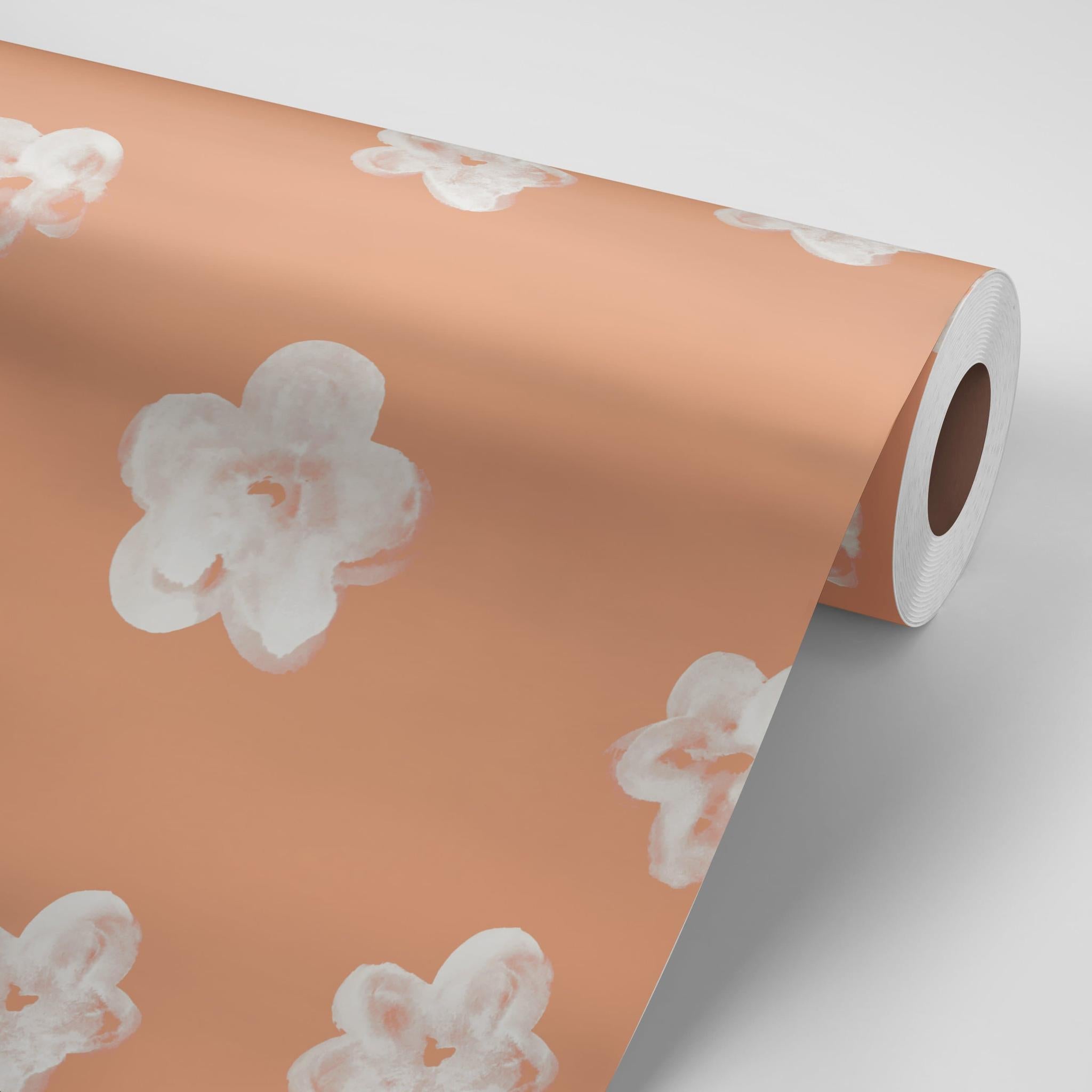 Roll of Peachy Perfect Wallpaper by Wall Blush with floral pattern, ideal for a living room focus.