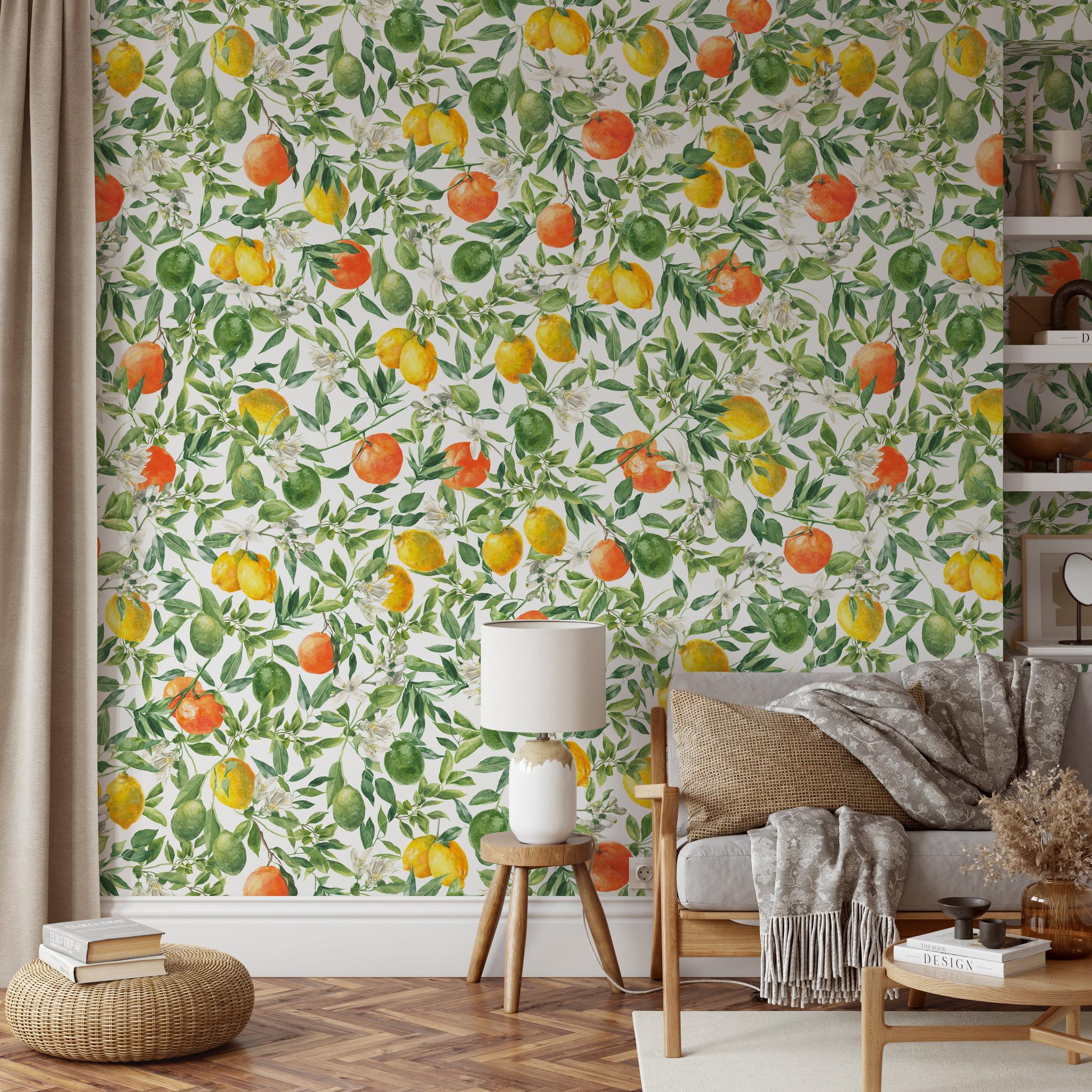 "Mediterranean Wallpaper by Wall Blush with citrus print in a cozy living room, highlighting stylish home decor."