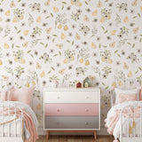 Laurel Wallpaper by The Salem Gideon Line in a cozy bedroom setting, with floral design accents.
