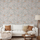 "Arden Wallpaper by Wall Blush showcasing in a cozy living room, highlighting the elegant floral pattern."