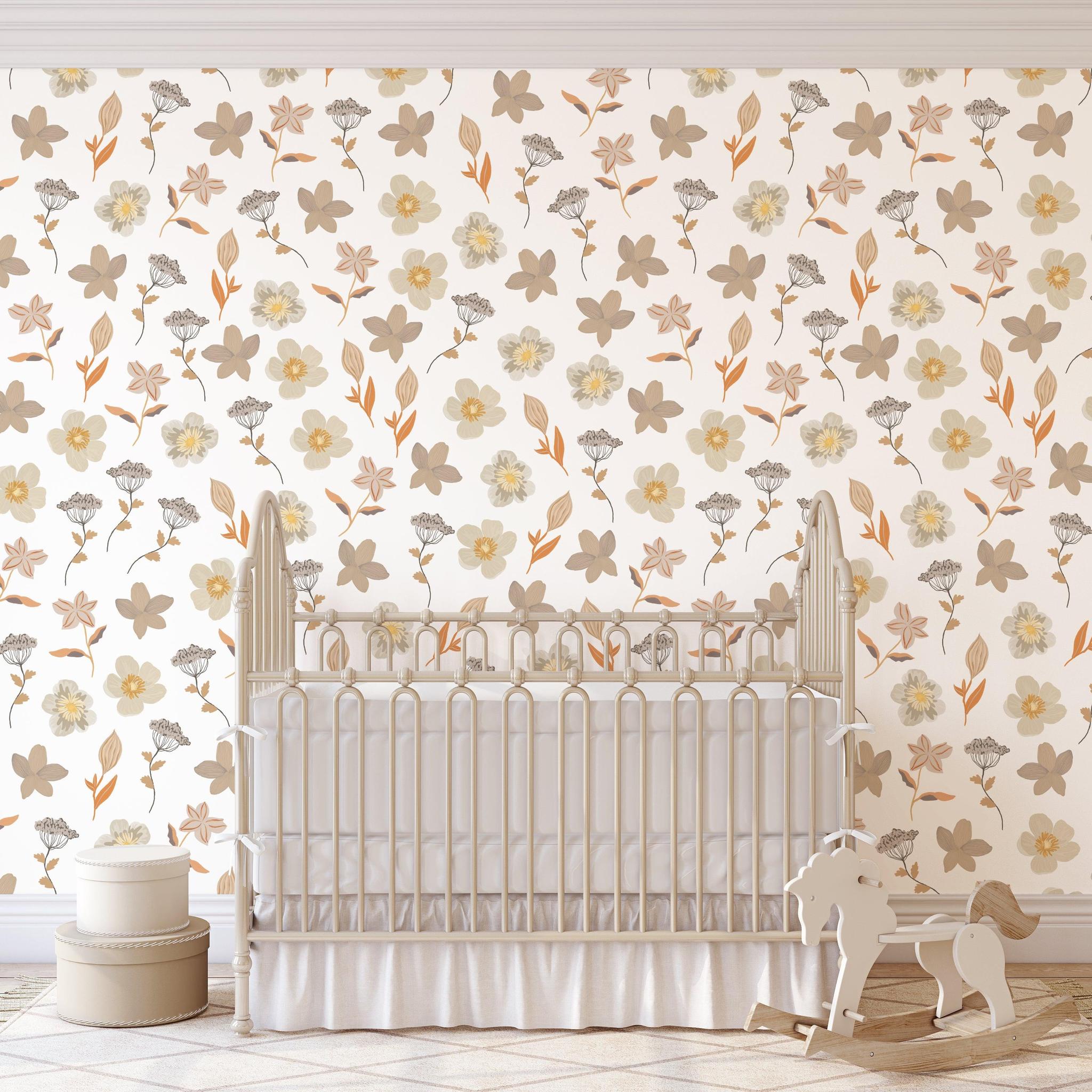 Aria Wallpaper by Wall Blush SG02 in a stylish nursery room, highlighting elegant floral patterns.
