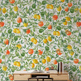 Mediterranean Wallpaper from Wall Blush SG02 adorning a home office with vibrant citrus design.
