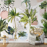 "Wall Blush Paradise Wallpaper in a modern living room with tropical design accents focusing on the vivid wall decor."