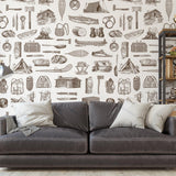 Scout (Brown) Wallpaper by Wall Blush SG02 in a cozy living room with vintage couch and bookshelf.
