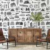 Scout Black Wallpaper by Wall Blush SG02 featured in modern living room, emphasizing chic wall decor focus.
