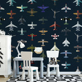 Wall Blush Aviator Wallpaper in a stylish children's room, with airplane designs as the focal point
