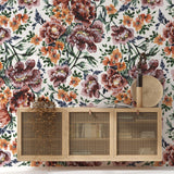 "Wall Blush's Harper Wallpaper in full bloom on living room wall, enhancing decor with vibrant floral pattern."