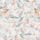 Wall Blush SM01 Arden Wallpaper featuring birds and florals in a light and airy bedroom setting.
