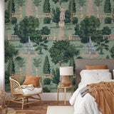 Athena Wallpaper by Wall Blush in stylish bedroom with vintage garden design focus.