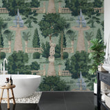 "Athena Wallpaper by Wall Blush in a luxurious bathroom setting, showcasing elegant green botanical design."