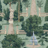 "Athena Wallpaper by Wall Blush featuring classical statues and fountains in an elegant room setting, perfect for home decor."
