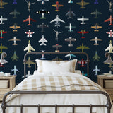 Aviator Wallpaper by Wall Blush in a stylish bedroom, showcasing airplane patterns with a modern aesthetic.
