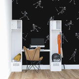 "Batter's Up (Black) Wallpaper by Wall Blush in a modern home office setup, accentuated by stylish furniture."