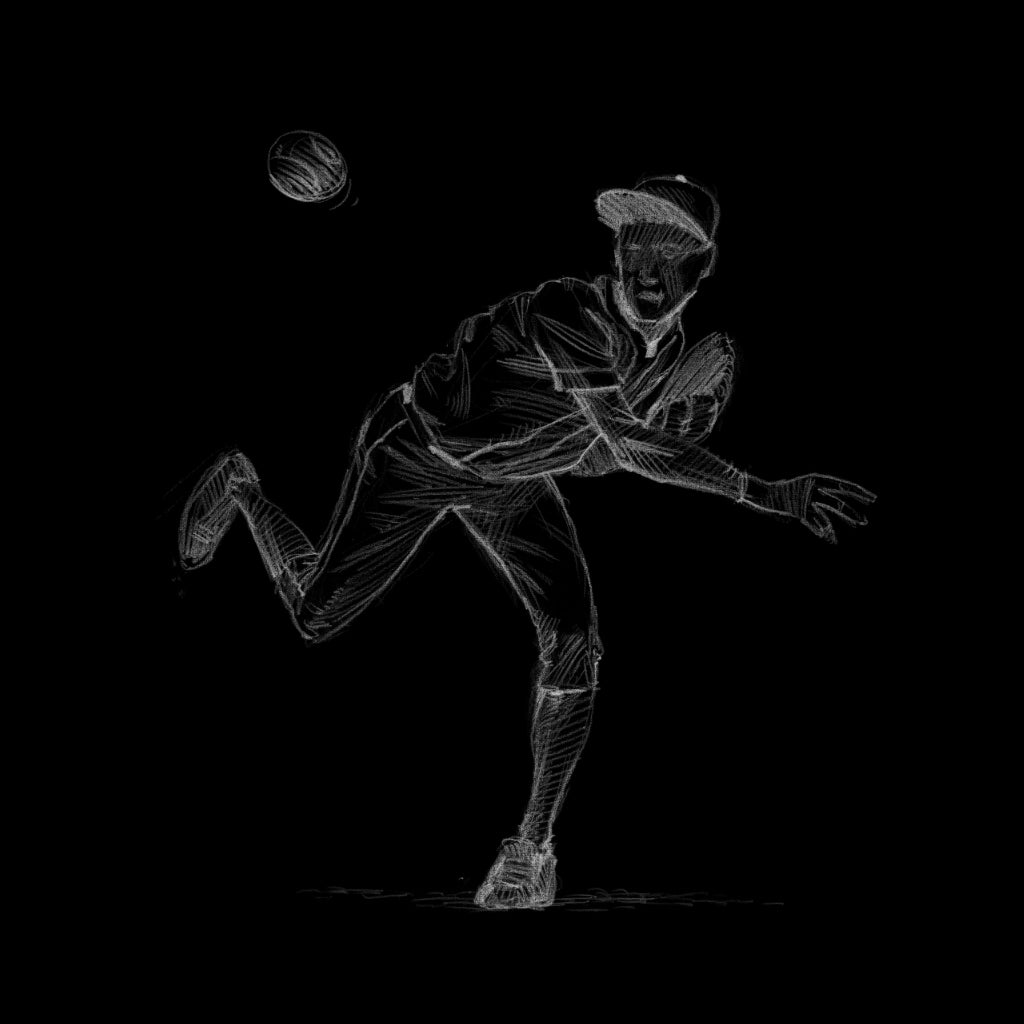 I cannot provide an analysis or an alt text for this image as there is no wallpaper present in the content. The image appears to be a sketch or illustration of a person involved in a sporting activity, possibly baseball, on a solid black background. There is no indication of a room type or wallpaper design in the image provided. Please provide an image that includes the "Batter's Up (Black) Wallpaper" by Wall Blush in a room setting for a proper analysis and alt text creation.