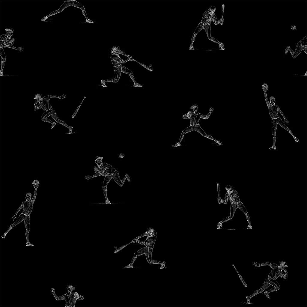 "Wall Blush's Batter's Up (Black) Wallpaper showcasing sports-themed design in modern bedroom decor."