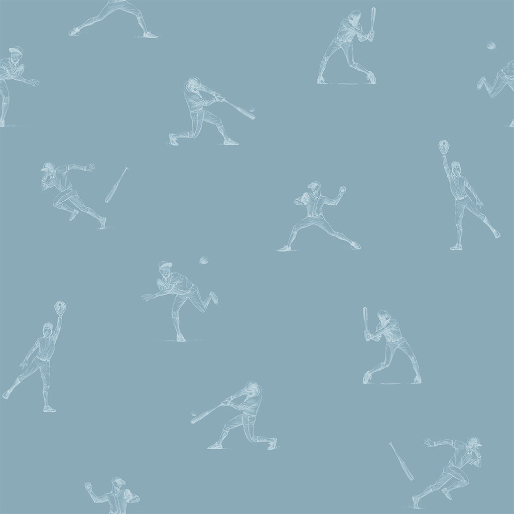 "Batter's Up (Blue) Wallpaper by Wall Blush in a bedroom showcasing playful sports-themed design."