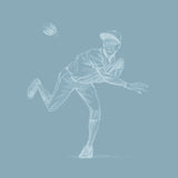 "Wall Blush 'Batter's Up (Blue) Wallpaper' illustrated in a pitch motion for sports-themed room decor."

(Note: The image provided appears to focus on a blue sketch of a baseball player pitching, which is presumably the design of the wallpaper. However, there is no actual room context provided within the image to specify a type of room. Thus, the alt text has been crafted to best describe the wallpaper's design and potential use in a room context.)