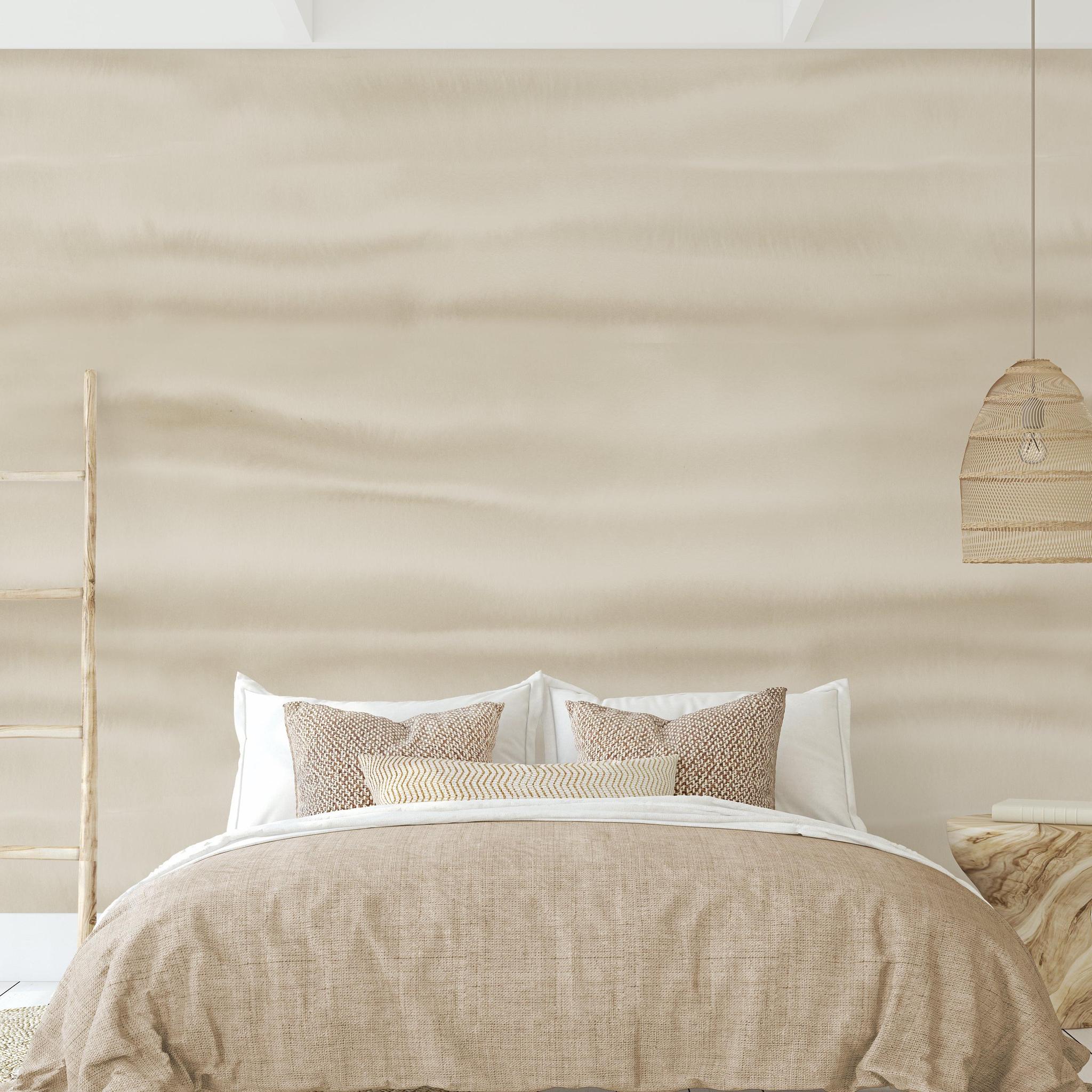 Fraya (Oatmeal) Wallpaper from The Ania Zwara Line in a modern, serene bedroom setting, highlighting the textured design.
