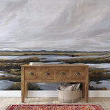 "Wall Blush 'Beyond the Marsh Wallpaper' in a stylish living room, highlighting the elegant wall design."