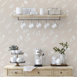 "Wall Blush's Grace Wallpaper in a stylish kitchen, highlighting the elegant botanical pattern and cozy atmosphere."