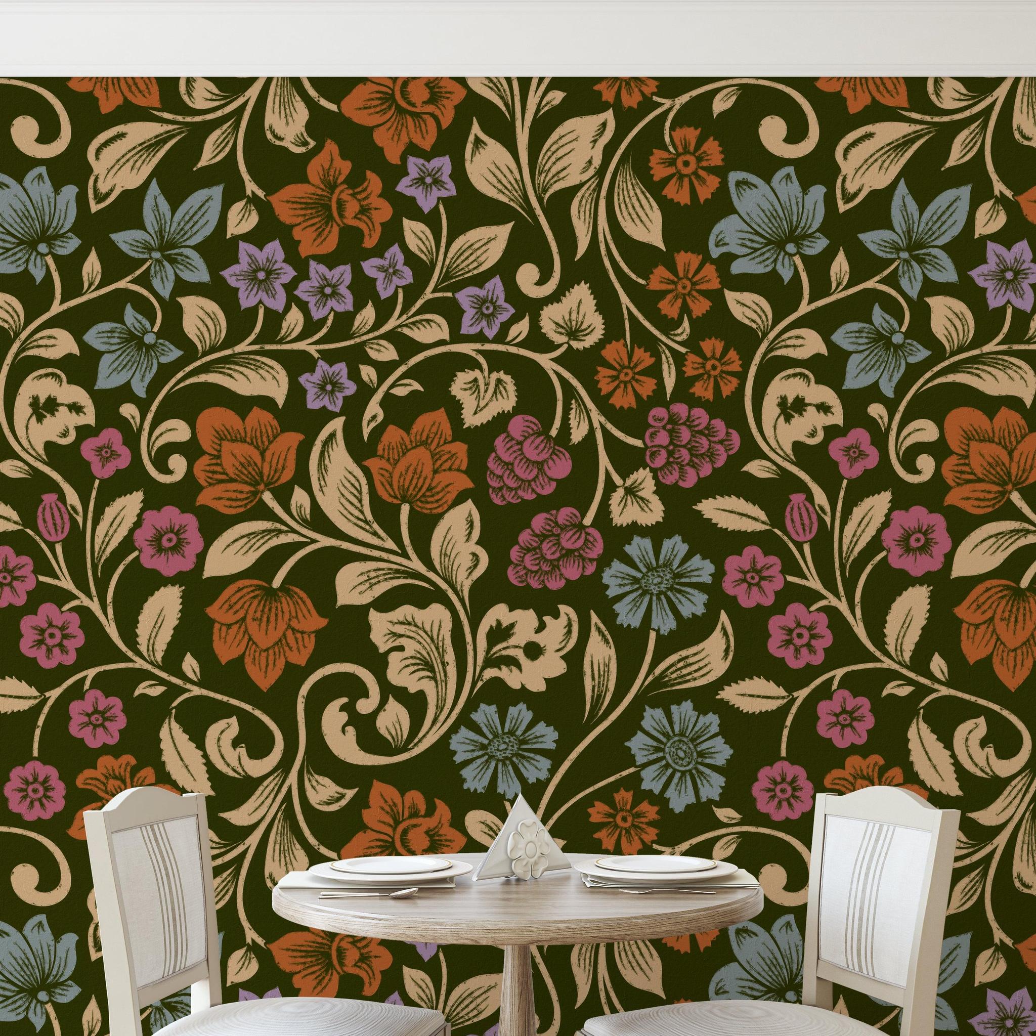 Bristol Wallpaper by Wall Blush SG02 in a stylish dining room, with floral patterns creating a focal point.
