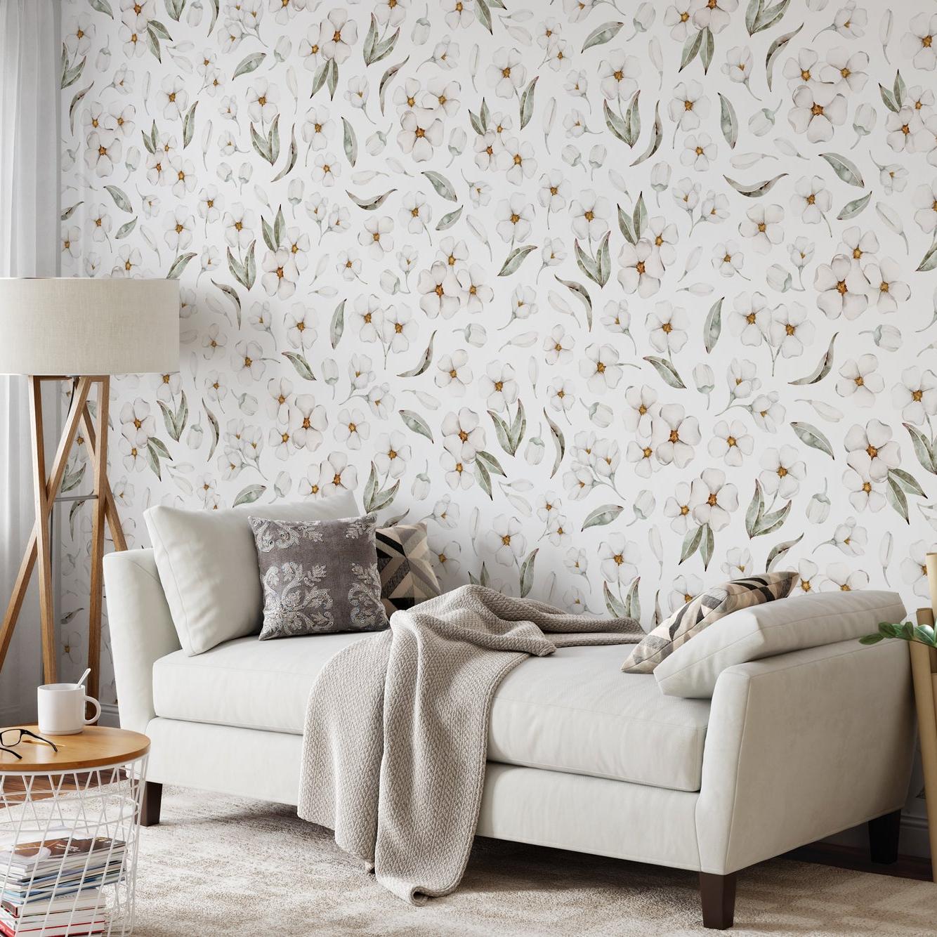 Elegant Bud and Blossom Wallpaper by Wall Blush SG02 in a cozy living room setup, highlighting the wallpaper's intricate design.
