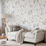 Elegant Bud and Blossom Wallpaper by Wall Blush SG02 in a cozy living room setup, highlighting the wallpaper's intricate design.
