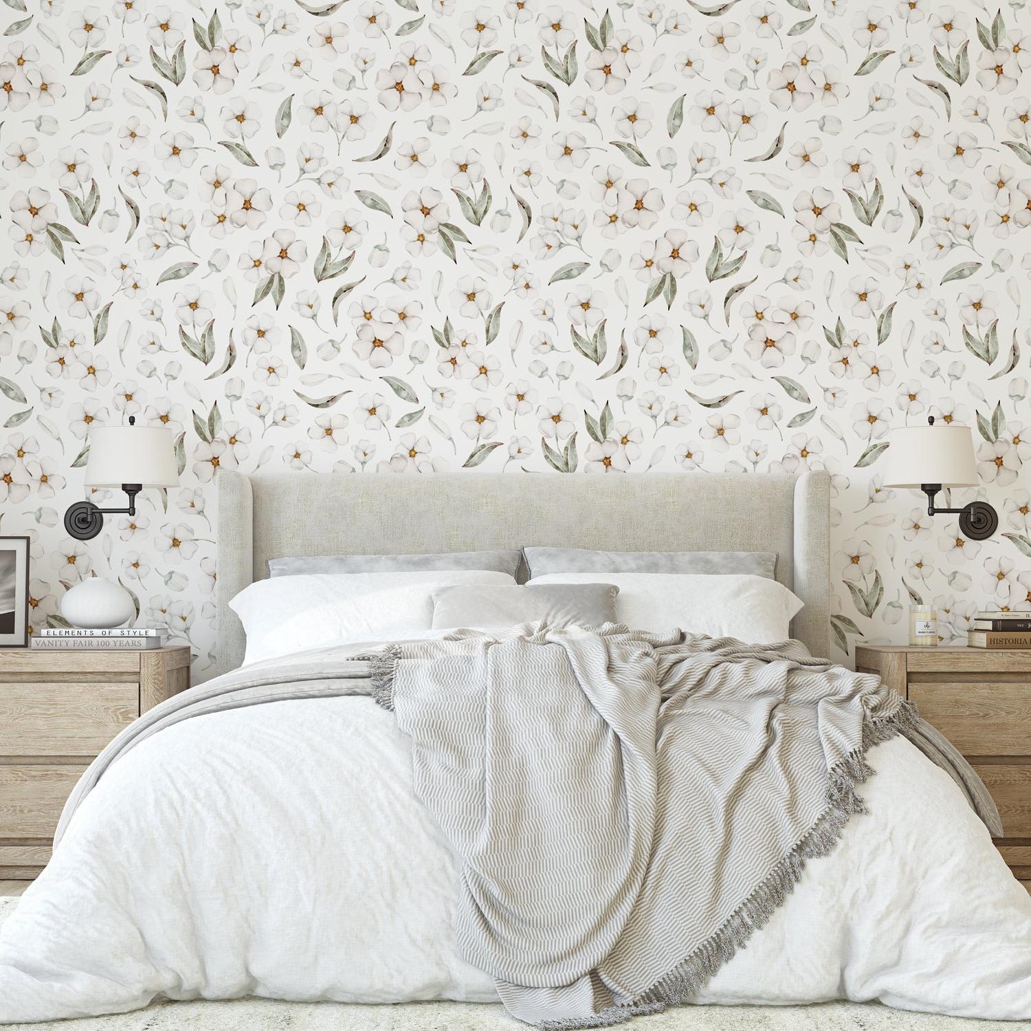 "Bud and Blossom Wallpaper by Wall Blush in a cozy bedroom, showcasing elegant floral design and decor focus."

(Note: This alt text is 123 characters long and fits within the specifications provided, focusing on the wallpaper as the main feature and mentioning the type of room as well as the brand.)