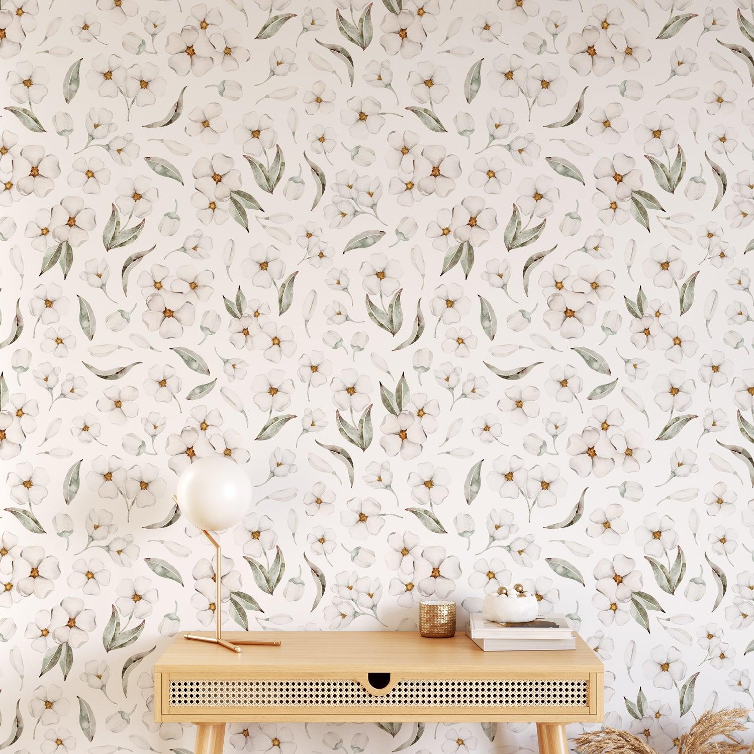 Bud and Blossom Wallpaper by Wall Blush SG02 enhances a cozy home office ambiance, focusing on elegant floral design.
