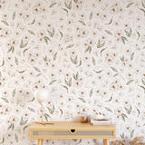 Bud and Blossom Wallpaper by Wall Blush SG02 enhances a cozy home office ambiance, focusing on elegant floral design.
