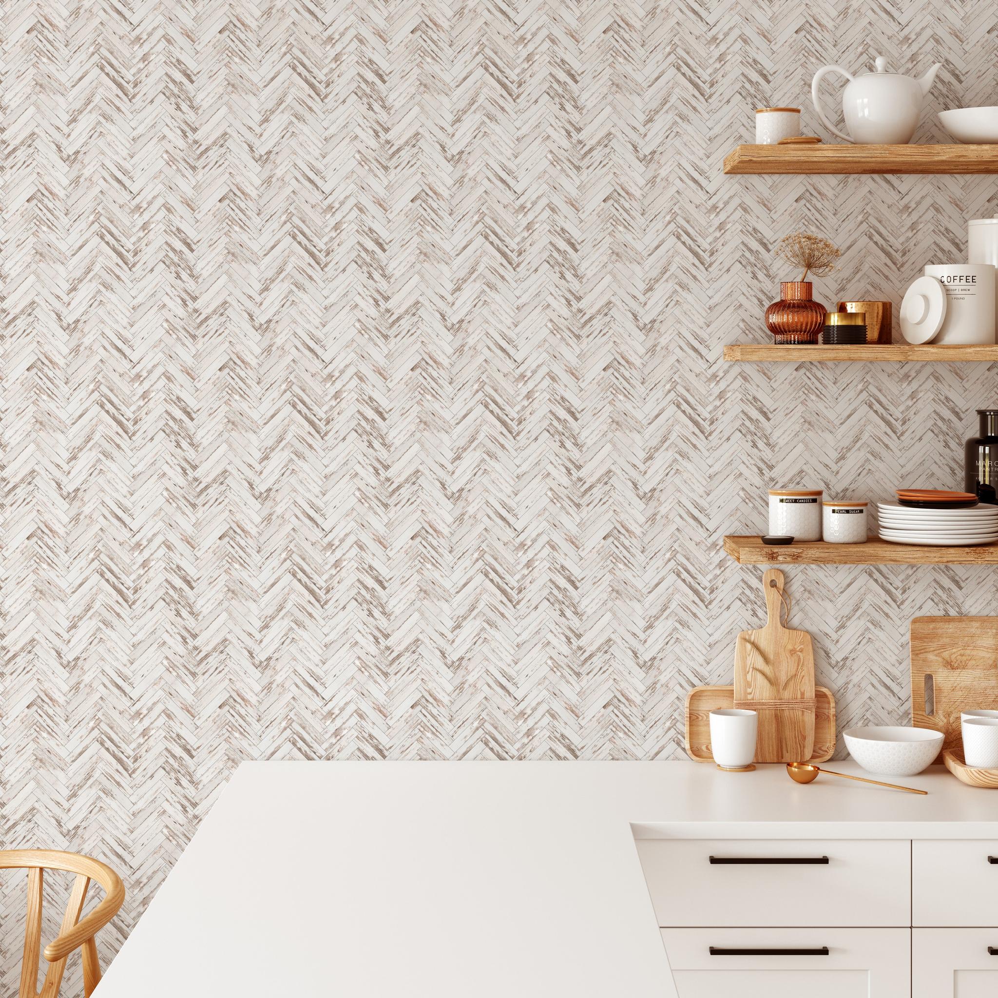 "Wall Blush's 'CUT Above The Rest Wallpaper' in a stylish kitchen, highlighting the pattern's elegance."