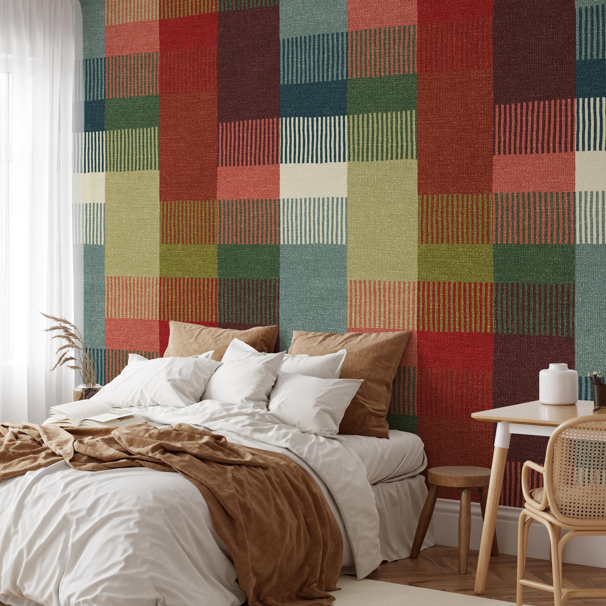 "Colorful Chelsea Wallpaper by Wall Blush in contemporary bedroom setting with focus on wall decor."