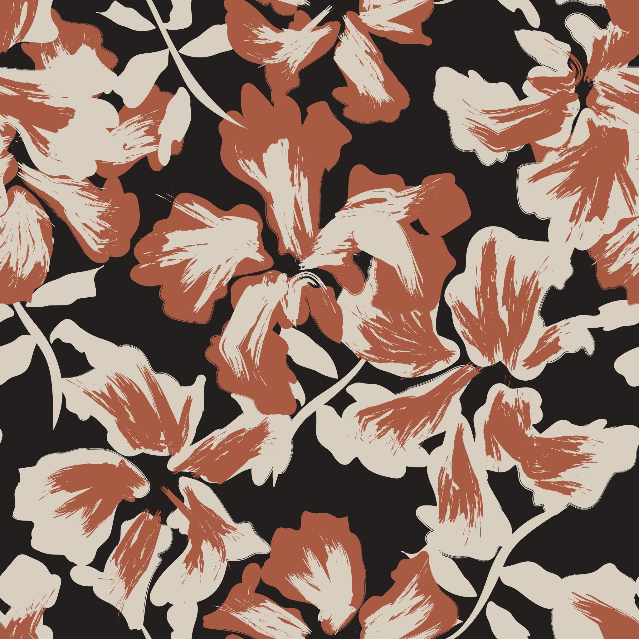 "Clare Wallpaper pattern featuring red and beige floral design on black background by Wall Blush, ideal for modern living space focus."