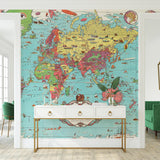 Dudley's World Wallpaper by Wall Blush in a stylish home office, featuring colorful map design as focal point.
