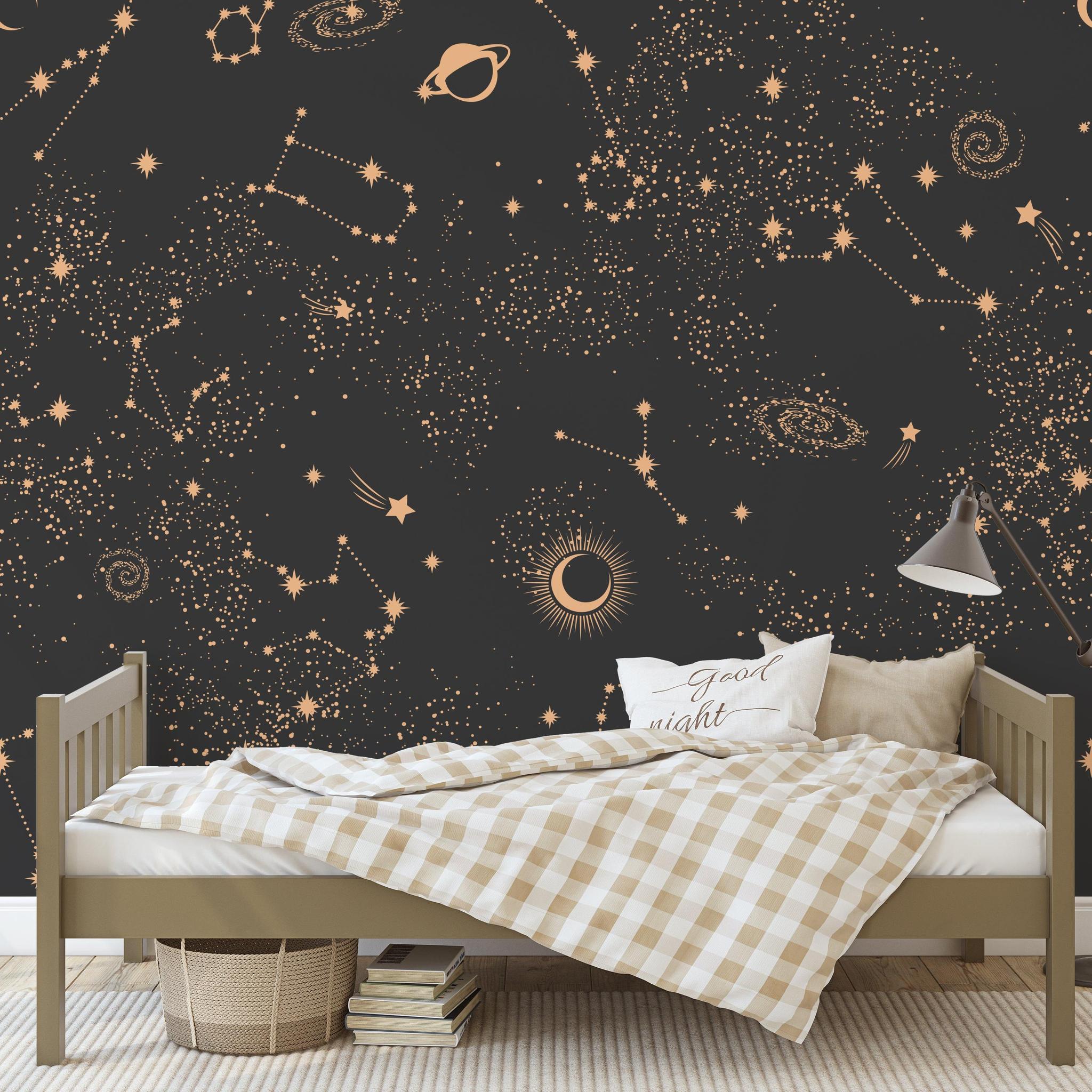 Stunning Milky Way Wallpaper from The Kail Lowry Line in a stylish bedroom, celestial decor focus.
