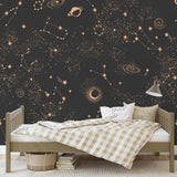 Stunning Milky Way Wallpaper from The Kail Lowry Line in a stylish bedroom, celestial decor focus.
